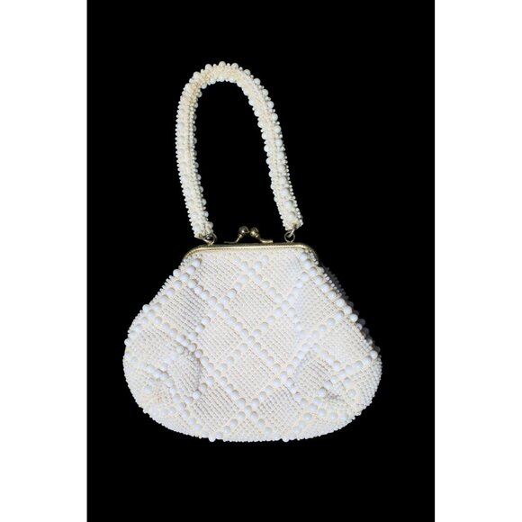 Handbags - Vintage White Beaded Purse With Handle & Gold Clasp